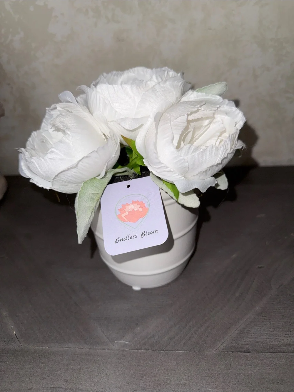 White Faux Rose Bouquet in White Ceramic Planter - Decorative Home Accent